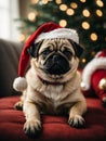 Cute puppy pug wearing Santa Claus red hat sits on the sofa Royalty Free Stock Photo