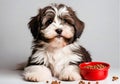 Cute puppy with a red bowl of dog food. Royalty Free Stock Photo