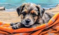 Cute puppy resting on bath towel on the beach. Dog put his head on his paws.