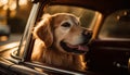 Cute puppy riding in car with friend generated by AI