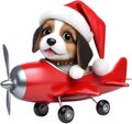 Puppy riding a Christmas-themed airplane. AI-Generated.