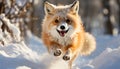 Cute puppy running in snow, playing and smiling joyfully generated by AI Royalty Free Stock Photo