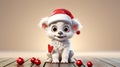 Cute puppy in Santa hat and red Christmas tree with decorations copy space Royalty Free Stock Photo