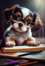 Cute puppy schoolboy doing homework. AI generated