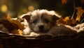 Cute puppy sitting in a basket, looking at camera, playful generated by AI Royalty Free Stock Photo