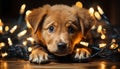Cute puppy sitting by Christmas tree, looking at camera generated by AI Royalty Free Stock Photo