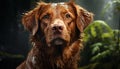 Cute puppy sitting in grass, wet fur, looking at camera generated by AI Royalty Free Stock Photo