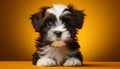 Cute puppy sitting, looking at camera, fluffy fur, white background generated by AI Royalty Free Stock Photo