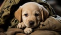 Cute puppy sitting, looking at camera, playful and tired generated by AI