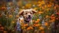 Cute puppy sitting in meadow, enjoying springtime generated by AI