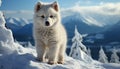 Cute puppy sitting in snow, looking at camera, winter wonderland generated by AI Royalty Free Stock Photo