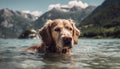 Cute puppy sitting in water, looking at mountain landscape generated by AI Royalty Free Stock Photo