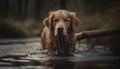 Cute puppy sitting in wet grass, looking at camera outdoors generated by AI Royalty Free Stock Photo