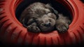 Cute puppy sleeping peacefully on soft yellow bed. Small dog is resting at home Royalty Free Stock Photo