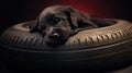 Cute puppy sleeping peacefully on soft yellow bed. Small dog is resting at home Royalty Free Stock Photo