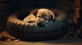 Cute puppy sleeping peacefully on soft yellow bed. Small dog is resting at home Royalty Free Stock Photo