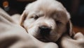 Cute puppy sleeping, small and tired, resting on fluffy blanket generated by AI