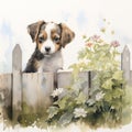 A cute puppy standing behind a fence surrounded with flowers Royalty Free Stock Photo