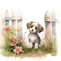 A cute puppy standing between a fence surrounded with flowers