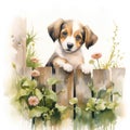 A cute puppy standing on a fence surrounded with flowers
