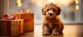 cute puppy surprised in gift box with glowing blurred background, celebrating national puppy day