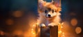 Cute puppy surprised with gift box on glowing blurred background, national puppy day celebration