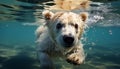 Cute puppy swimming in blue water, playing with fish generated by AI