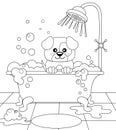 Cute puppy taking bath. Dog grooming. Black and white vector illustration for coloring book
