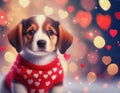 Cute puppy wearing a heart sweater Valentines Day concept copy space