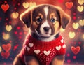 Cute puppy wearing a heart sweater Valentines Day concept.