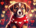 Cute puppy wearing a heart sweater Valentines Day concept.