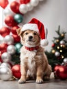 Cute puppy wearing Santa Claus red hat near the Christmas tree. Generative AI