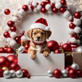 Cute puppy wearing Santa Claus red hat sits in the white box. Generative AI