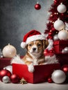 Cute puppy wearing Santa Claus red hat sits in the white box. Generative AI