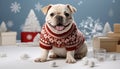 A cute puppy in a winter costume with a gift generated by AI