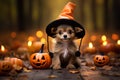 Cute puppy in witch hat on Halloween, funny pet with pumpkins