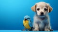Cute puppy with a yellow-blue parrot on a blue background. Copy space, layout design. Generative AI. Royalty Free Stock Photo