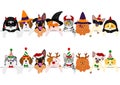 Cute pups and kitties border set, with Halloween costumes and with Christmas costumes Royalty Free Stock Photo