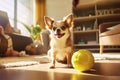 cute purebred chihuahua puppy playing with ball at home. Happy dog plays with ball Royalty Free Stock Photo