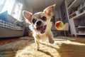 cute purebred chihuahua puppy playing with ball at home. Happy dog plays with ball Royalty Free Stock Photo