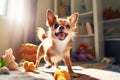 cute purebred chihuahua puppy playing with ball at home. Happy dog plays with ball Royalty Free Stock Photo