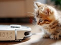 Cute purebred funny kitten explores modern vacuum cleaner robot smart device while cleaning living room laminate floor. Allergy