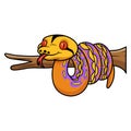 Cute purple albino tiger reticulated python cartoon on tree branch