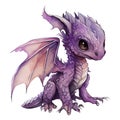 Cute purple baby dragon sitting isolated on white. Watercolor style iilustration, Generative AI