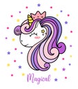 Cute Purple Baby Unicorn magical head face simple doodle outline vector illustration