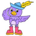 Cute purple bird in robin hood style, doodle icon image kawaii