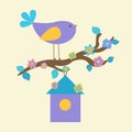 A cute purple bird sits on a tree branch covered with flowers above a birdhouse. Spring came. Design for a postcard or