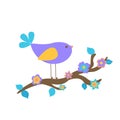 A cute purple bird sits on a tree branch covered with flowers. Spring came. Design for a postcard or invitation. Flat