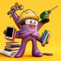 Cute purple cartoon octopus with construction tools books and tablet on yellow background symbolizing creativity multitasking and Royalty Free Stock Photo