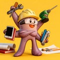 Cute purple cartoon octopus with construction tools books and tablet on yellow background symbolizing creativity multitasking and Royalty Free Stock Photo